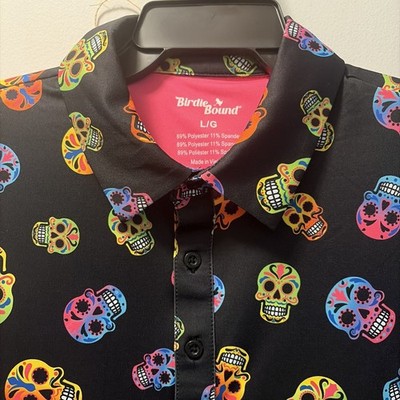 Birdie Bound Mens L Golf Polo Sugar Skull Print Black  Shirt NWT