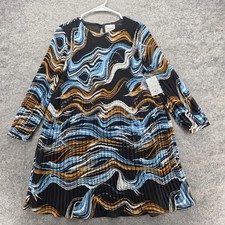 Nine West Dress Womens XS Black Blue Crystal Pleated Shift Lined Long Sleeve