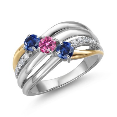 925 Silver and 10K Yellow Gold Created Sapphire and Pink Moissanite and Lab