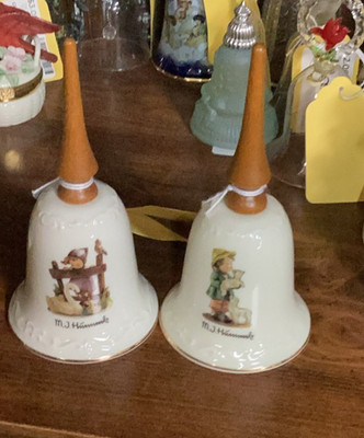 Hummel Porcelain Bell Lot 2 Wood Handles Gold Trim