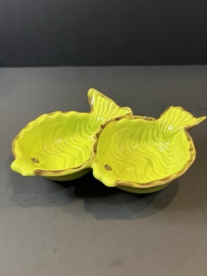 Vintage Hand-Painted Italian Ceramic Double Fish Dish   Chartreuse/Lime Green