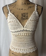 Vintage Crochet Camisole Tank Top Sheer Size Small Ivory Black READ