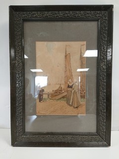 Antique Framed Original Watercolour Painting Signed Henri Cassiers Harbour Scene
