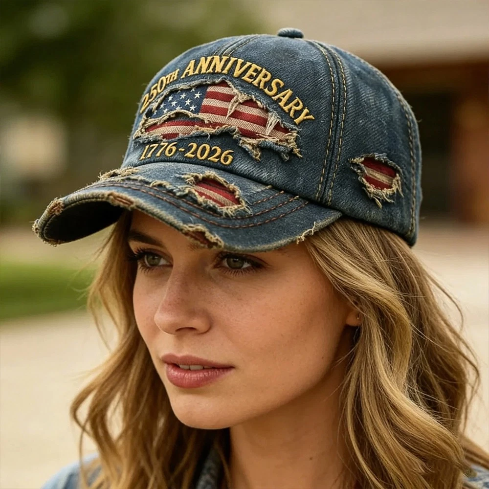 250th US Anniversary Patriotic Baseball Cap - Washed Denim Hat 1776-2026