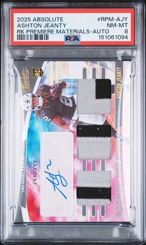 2025 Panini Absolute Rookie Premiere Material Auto Ashton Jeanty /399 PSA 8