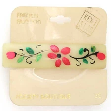 NOS 70s 80s Vintage Yellow Plastic Hair Clip Barrette Hand Painted Red Flowers