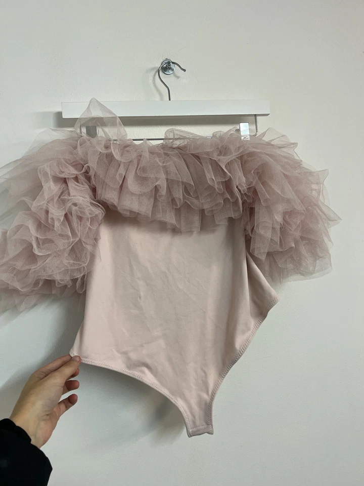 Free People Big Love Tulle Bodysuit Dusty Pink Ruffle Sleeve Size Medium - Image 4 of 4
