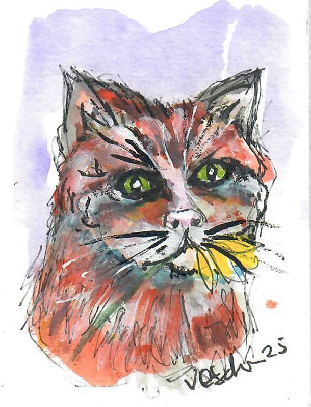 Aceo Cats, Flower and Bees Collection "Cameo Tabby #2" Signed and Dated