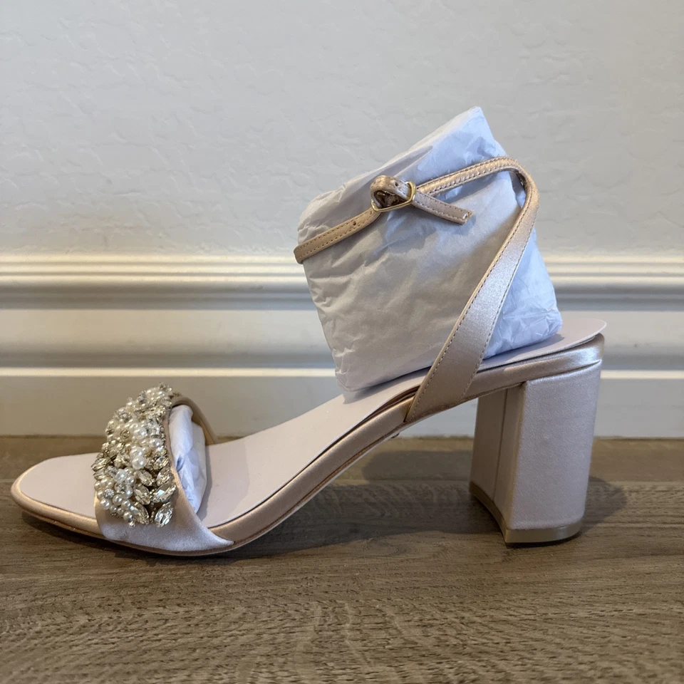 Badgley Mischka Clara Embellished Evening Shoes Sandals Blush Satin Size 9.5 - Image 2 of 4