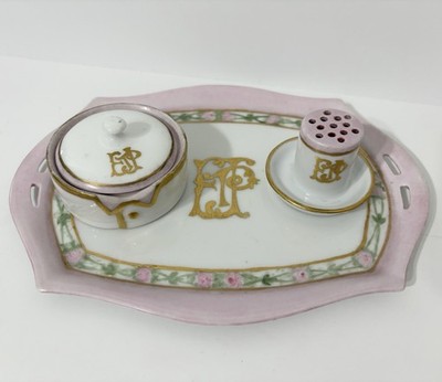 Antique Carl Tielsch Altwasser Silesia Hand Painted Gilt Porcelain Dresser Set