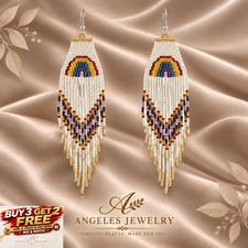 Boho Rainbow Seed Bead Tassel Earrings Long White Fringe Dangle Handmade Jewelry