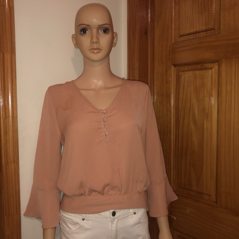 Women's Pink Solid Blouse V-Neck 3/4 Bell Sleeve Button Accent L