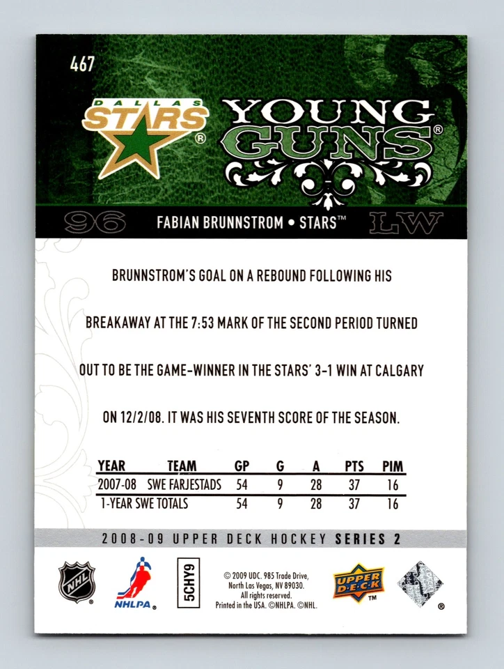 2008-09 Upper Deck Young Guns #467 Fabian Brunnstrom Dallas Stars - Image 2 of 2