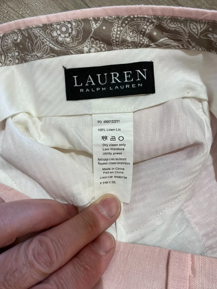 Pantalones ligeros informales Lauren Ralph Lauren para hombre 31X32 rosa 100 % lino Foto 3 de 4