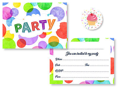 12 x Bright Balloon Birthday Party Invitations with Yellow Envelopes Invitations + Coloured Envelopes & Stickers Cupcake Stickers 