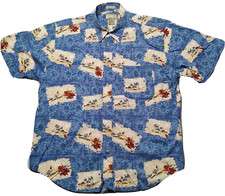 VTG NATURAL ISSUE Blue Floral Hawaiian Surfing Postcard Camp Shirt - Men Large