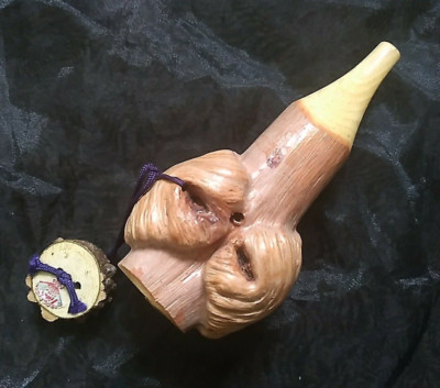 VTG X LARGE WOOD PIPE JAPAN HANDMADE CARVED IIDA CO. TAG GLOSS FINISH METAL TRIM