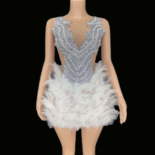 Nightclub Sexy Stage Silver Crystal Feather Dress Party Celebrate Outfit Costume