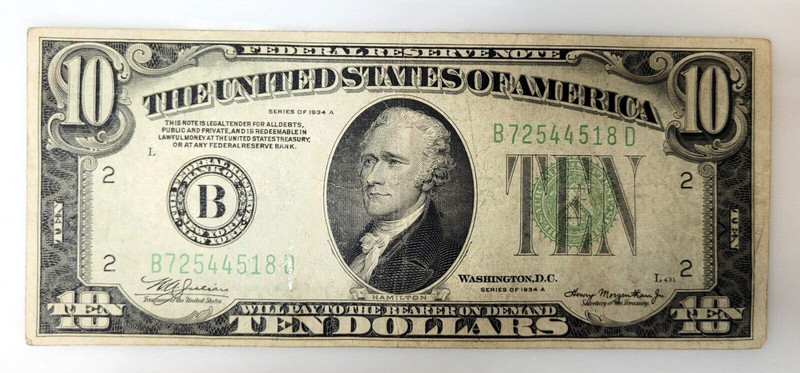 Series 1934-A US $10 Ten Dollar Federal Reserve Note Ungraded Uncertified