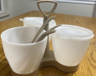 Tupperware 3 Condiment Caddy Server Carrier 757-3 Tan  1980s  ONE LID MISSING