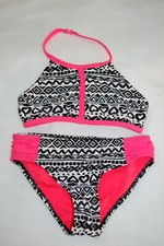 Girls 2 PC SWIMSUIT Black White GEOMETRIC Pink Coral HALTER TOP Braid XS 4-5