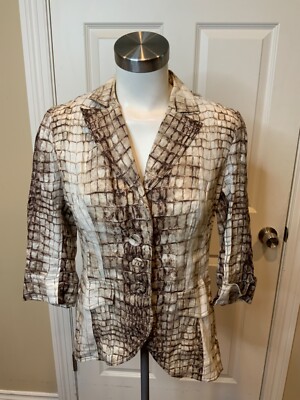 Alberto Makali Brown & Cream Crocodile Print Blazer W/Lace & Beaded Back, Size 6