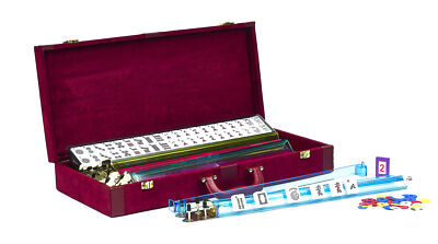 Mah Jong Set Deluxe American Velour Case Leatherette Trim 4 Racks 4 Pushers
