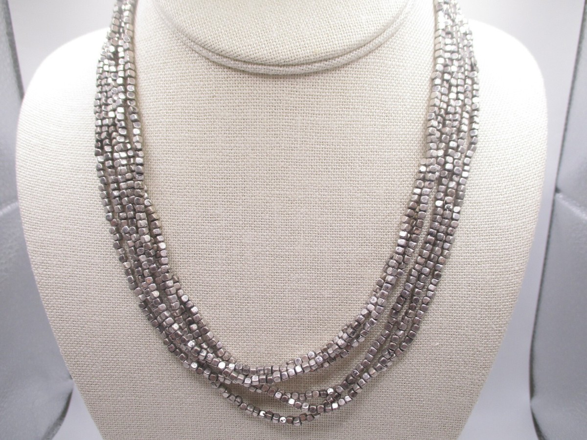 vintage VCLM Nordstrom long 3-strand pewter cube beads necklace 34