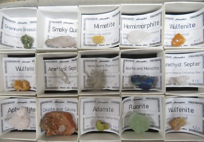 15 Piece Mix Mineral Specimen Flat Chromium Garnet, Mimetite, Hemimorphite, Wulf