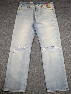 Levis 501 Jeans Mens 36x32 Blue Denim Distressed Cowboy Light Wash 35x30 NEW