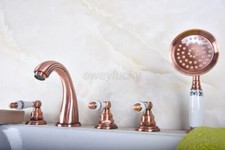 Red Copper Tub Faucet Set 5 Holes Deck Mount Bathtub Faucet W/ Handheld Shower