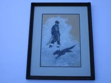 ANTIQUE PAINTING SIGNED SCHWARTZ SCHWARTS? MAN AND RUNNING DOG ART DECO VINTAGE