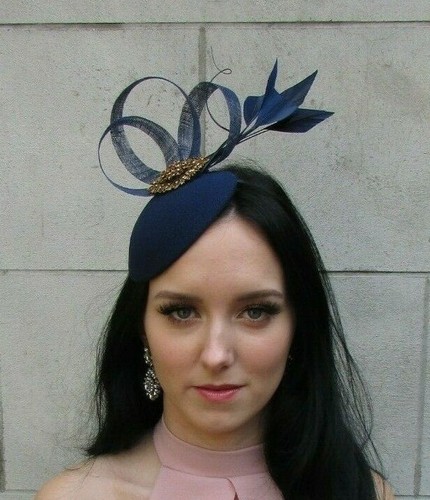 Navy Blue Bronze Feather Hat Fascinator 