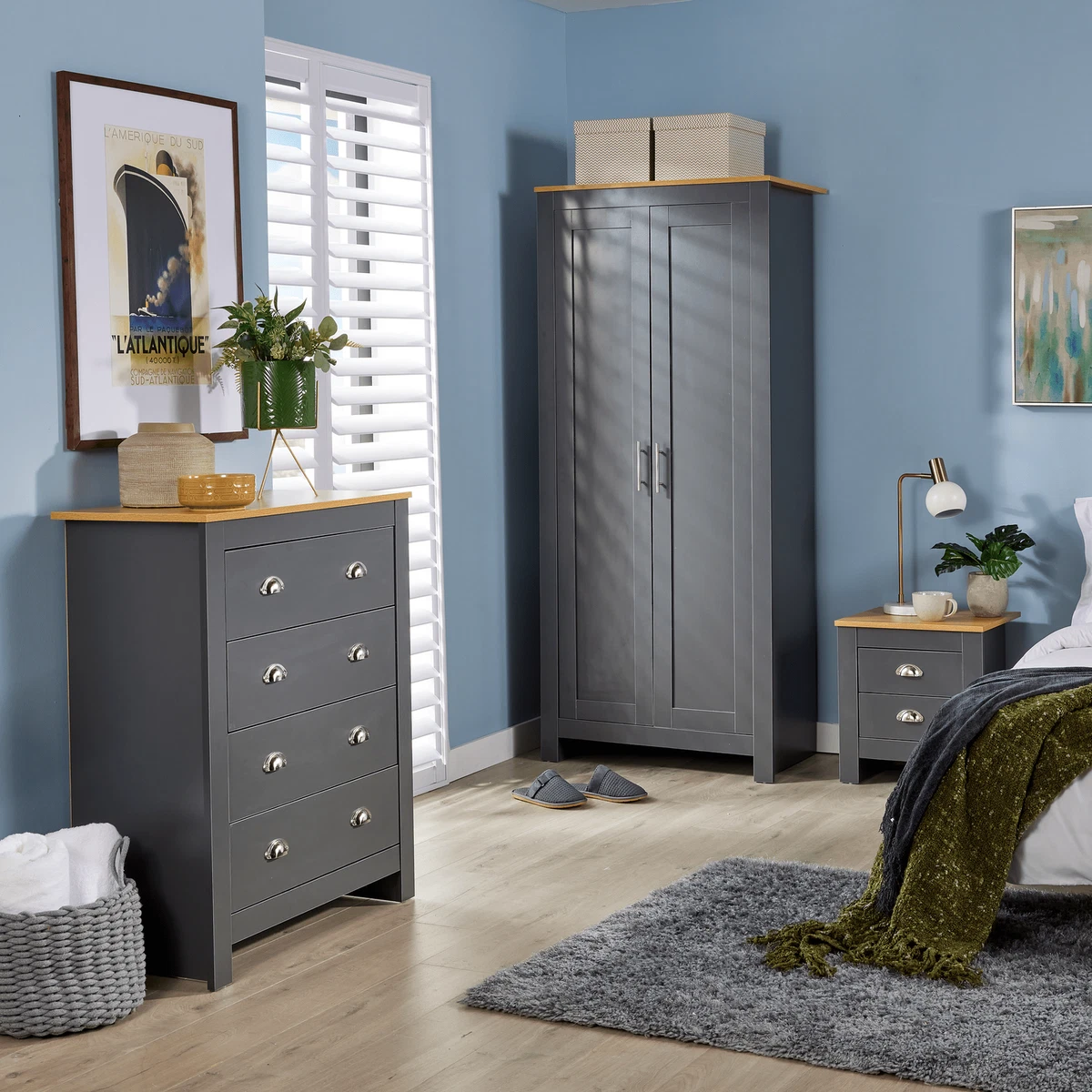 Bedroom Set Blue Oak TwoTone 3 Piece Set Wardrobe Bedside Chest of Drawers