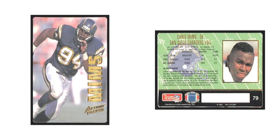 1993 Action Packed Chris Mims San Diego Chargers #79 - Image 3 of 3