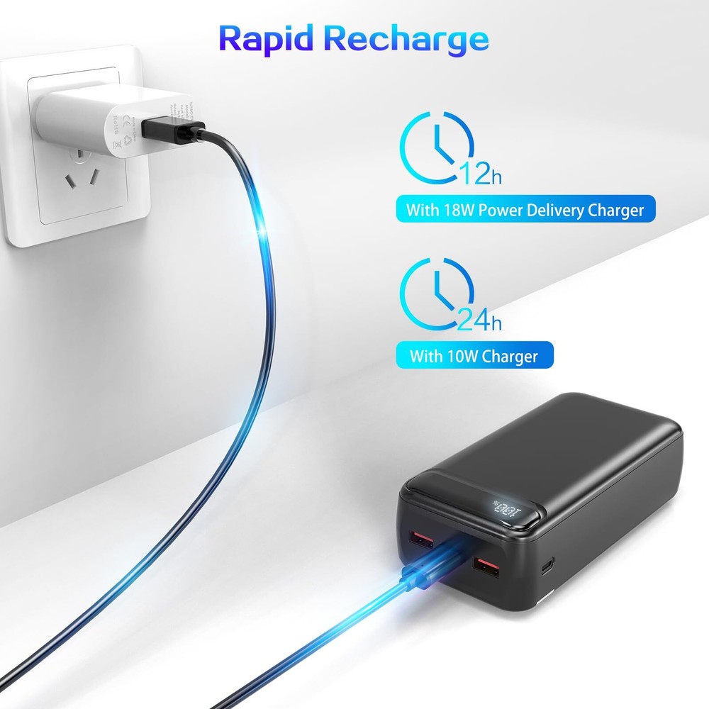 50000mAh 22.5W Fast Charging Power Bank with Flashlight and 3 Outputs