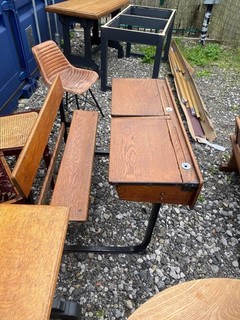 Vintage Oak Double School Desk & Bench Industrial Classroom Desk