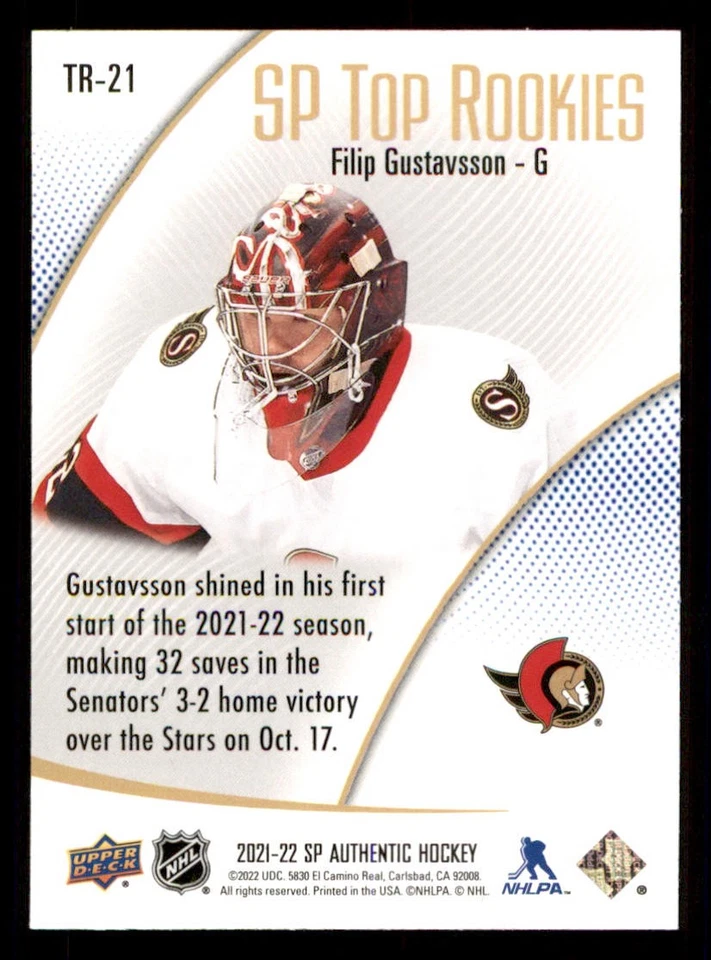 2021-22 SP Authentic Top Rookies Blue #TR21 Filip Gustavsson - Image 2 of 2