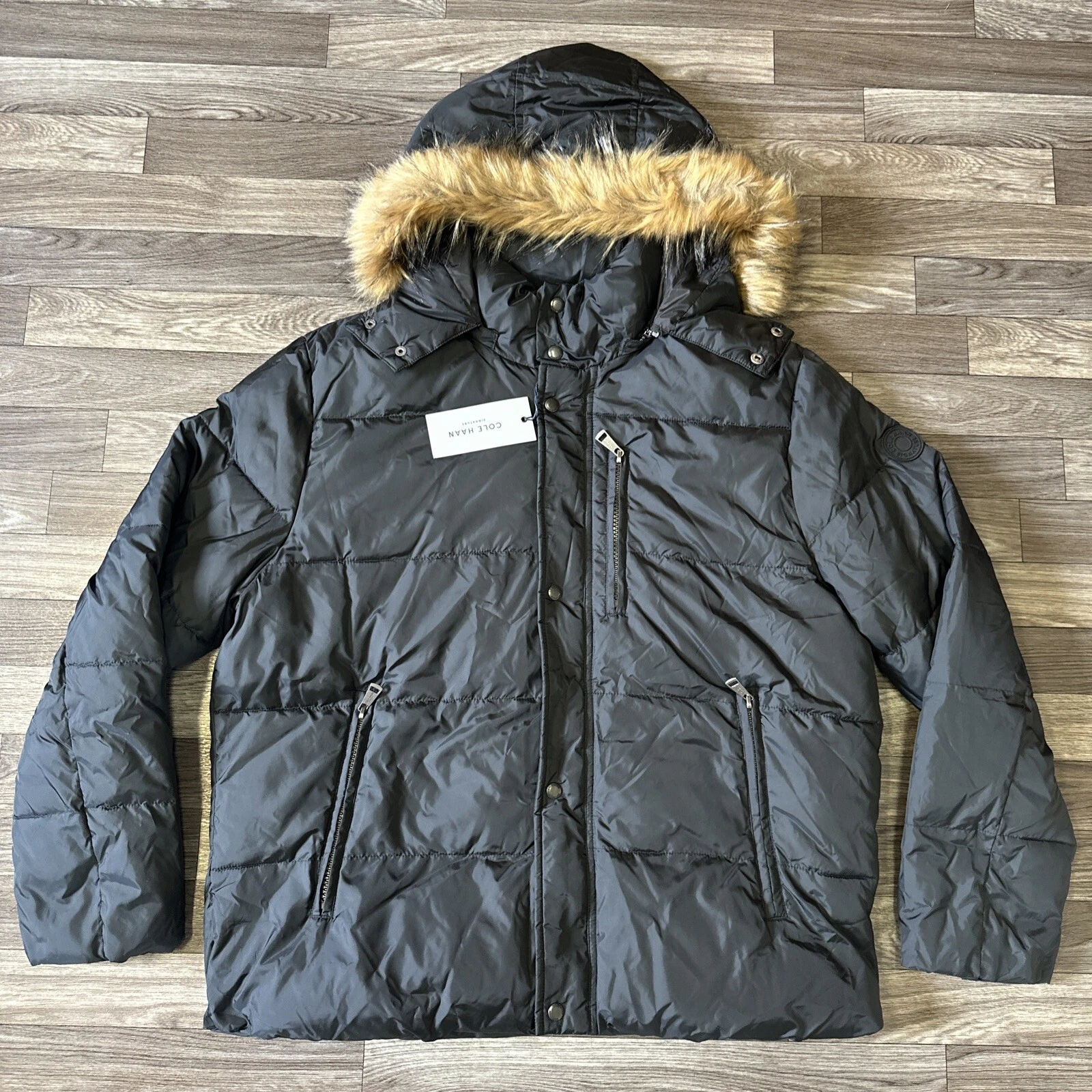 Cole Haan Full Zip Fur Trim Parka Jacket; Men’s XL; Puffer Solid Black NWT