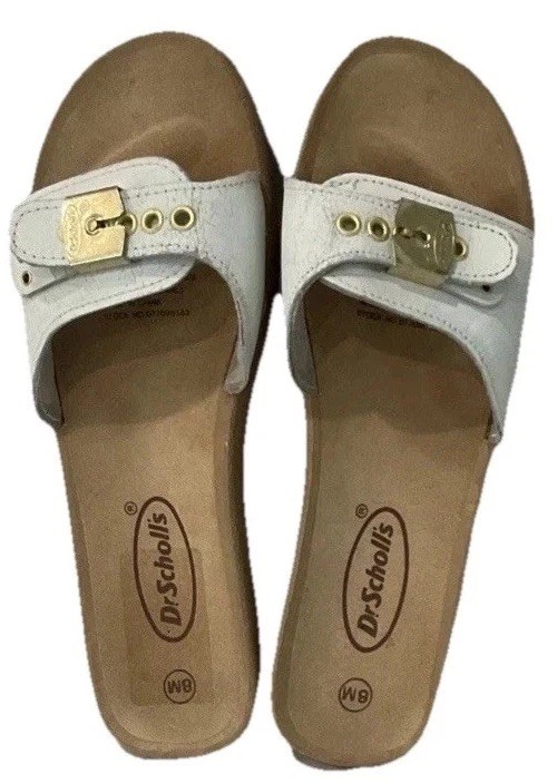 Dr Scholls Womens Sz 8M Wood Leather Sandals Slides Clogs White