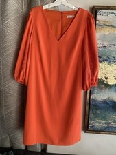 Trina Turk womens Mini Dress Orange 3/4 Balloon Sleeve Embroidered V Neck Small