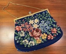 Needlepoint Evening Hand Bag Blue Floral Gold Metal Frame Chain Purse