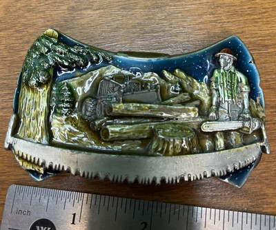 VINTAGE 1981 BERGAMOT BRASS WORKS LOGGING LUMBERJACK BELT BUCKLE 3d