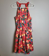 Vince Camuto Women's Red Tropical High-Neck Sleeveless Fit & Flare Dress Size 12