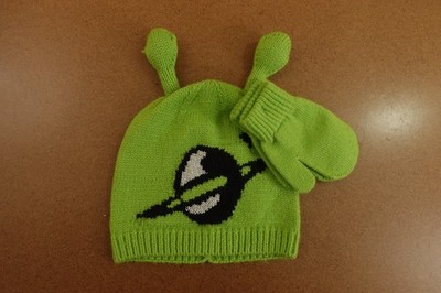Toddler One Size Green Planet Antenna Knit Beanie Mitten Set New