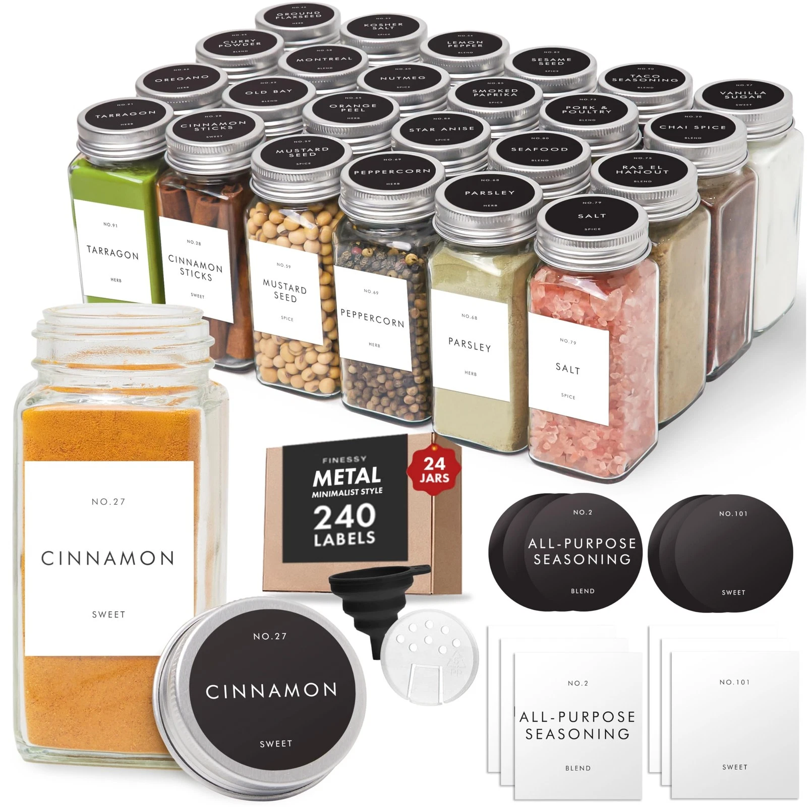 Glass Spice Jars with Labels with Metal Lids and Shakers Minimalist 24 Pack S...