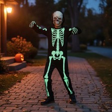 Durable Kids Skeleton Costume for Halloween - Glow Effect Included Age 7-9