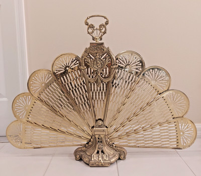  Vintage Brass Fireplace Screen Peacock Cameo Fan Victorian Style