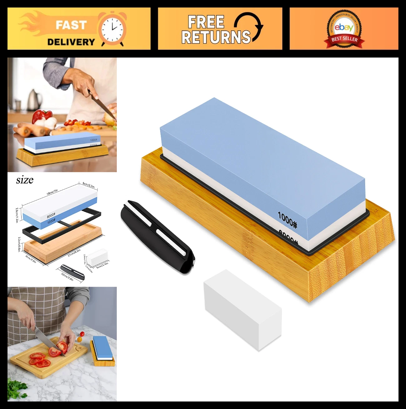 "2-Sided Whetstone Knife Sharpening Kit 1000/6000 Grit with Non-Slip Base & Angl