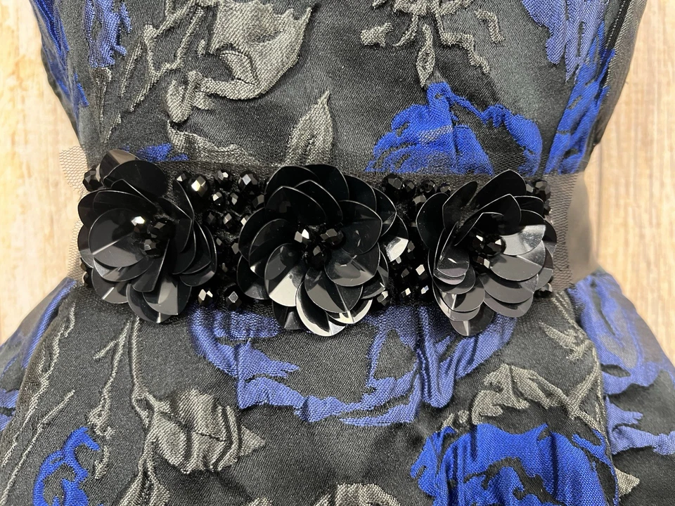 Teri Jon Rickie Freeman Jacquard Dress 10 Black Blue Floral Fit Flare Regency - Image 4 of 4